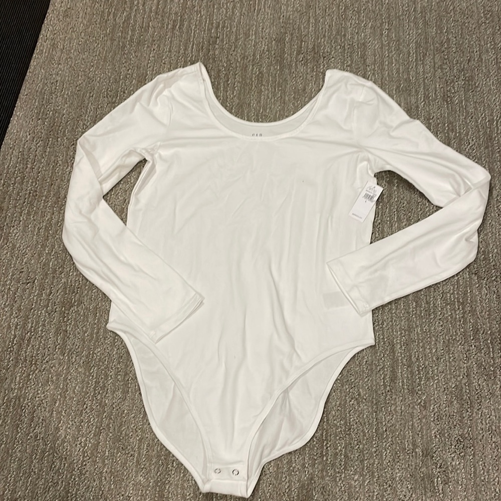 Gap White Stretch Scoop-neck Long Sleeve Bodysuit, with Stretch, size large
